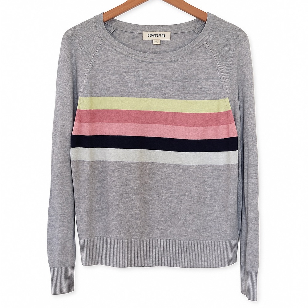 Rag Poets Gray Pastel Stripe Rayon Crewneck Sweater Lightweight Small Preppy